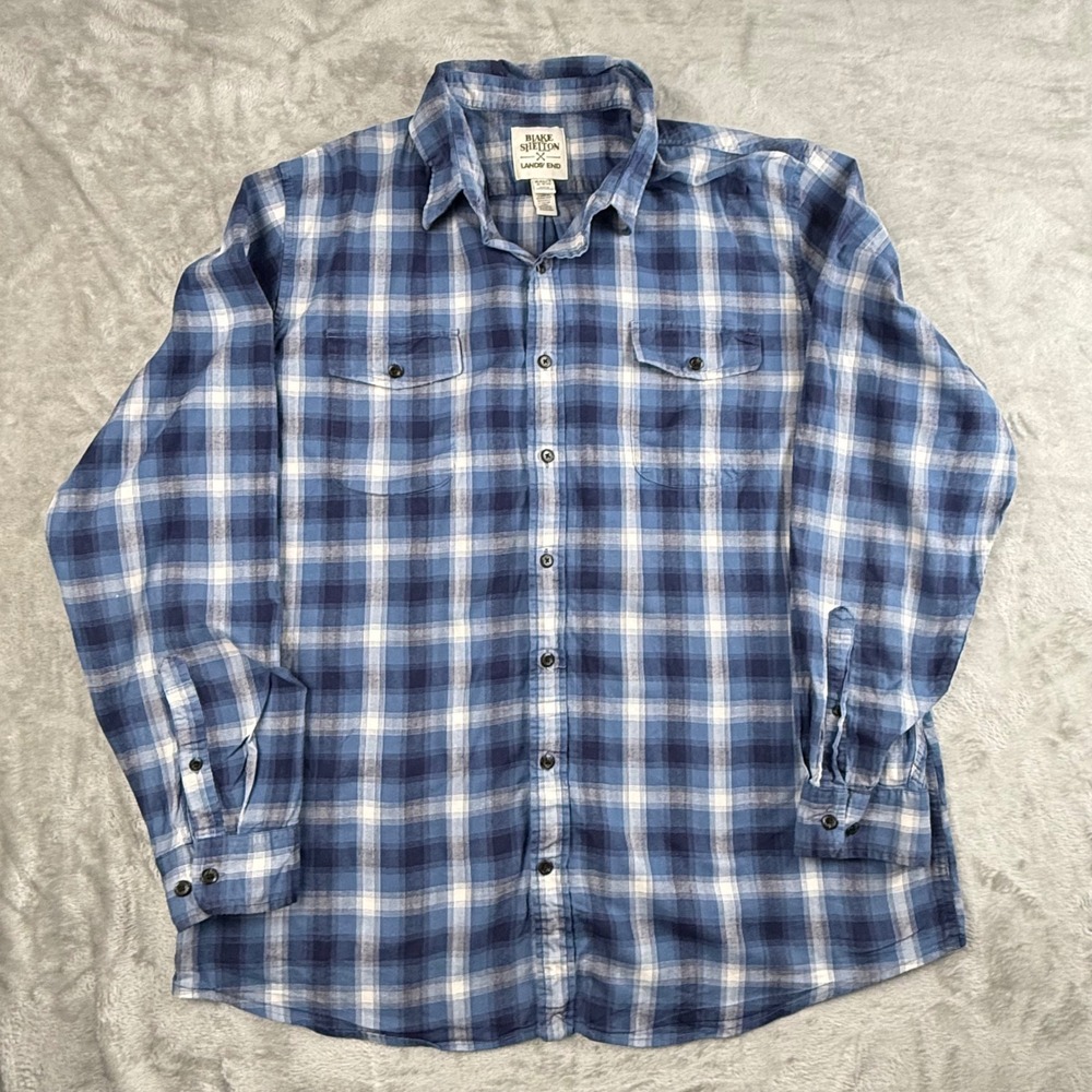 Blake Shelton Lands End Flannel Mens XXL Blue Plaid Button‎ Up Western Casual